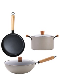 Buy 3 Piece Cookware Set Non Stick Coating Three Piece Pot Set Wok Frying Pan Soup Pan Uniform Heat Conduction White in UAE
