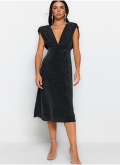 اشتري Anthracite A-Line Lined Shiny Knitted Elegant Evening Dress TPRSS23EL00503 في مصر