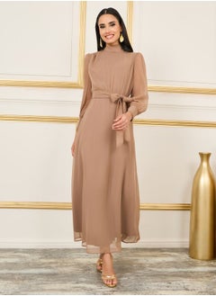 Buy Solid High Neck Self Tie Up A-Line Maxi Dress in Saudi Arabia