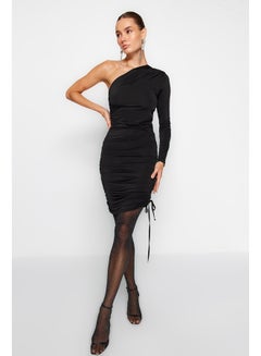 Buy Black Fitted Evening Dress with One Knitted Sleeve. TPRAW24EL00058 in Egypt