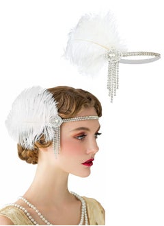 Buy 1920s Flapper Headband, Great Gatsby Inspired Feather Headpiece 20s Art Deco Hair Accessories Headband Party Rhinestone for Womenb (White) in UAE