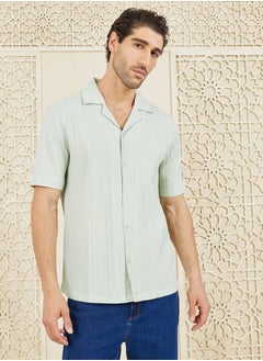 Buy Striped Textured Woven Camp Cuban Collar Relaxed Fit Shirt in Saudi Arabia