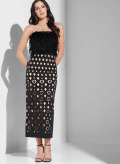Buy Bardot Fur Detail Laser Cut Dress in UAE