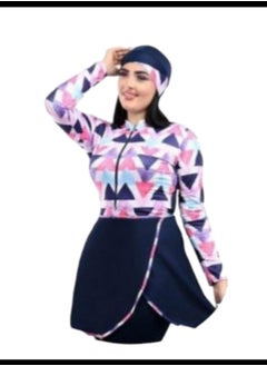 Buy Burkini swimsuit 3 pieces (jumpsuit + tunic + bonnet) patterned navy blue in pink in Egypt