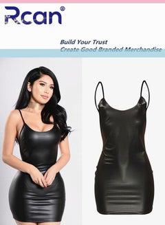 Buy Tight Party Backless Suspender Mini Dress for Women's Babydolls Sleeveless Cropped Leather Skirt Black in Saudi Arabia