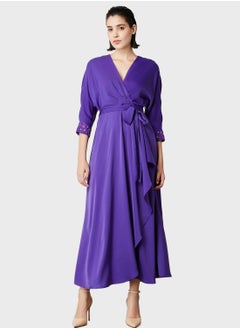 Buy Surplice Neck Waterfall Trim Dress in UAE