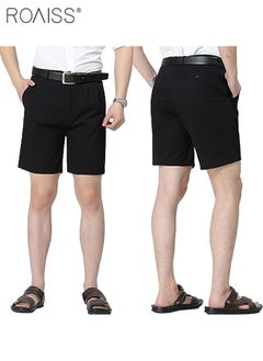 اشتري Men's Fashion Casual Business Shorts Summer Light Thin High Elastic Pure Black Suit Pants With Pockets On Both Sides في الامارات