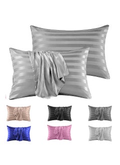 Buy SYOSI 2 Pcs Satin Silk Pillowcases, Stripe Pillow covers Breathable & Hypoallergenic Pillowcases for Hair and Skin 50 x 75 cm Pillow cover with Envelope Closure (Silver Grey) in Saudi Arabia