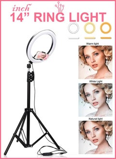 Buy 14 Inch Circle LED Studio 3 Light Modes Selfie Ring Light With Tripod Stand with Cell Phone Holder For Makeup Camera Photography Video Shoot YouTube Video Shoot TikTok Vlog Live Stream Compatible in UAE