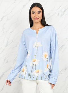 اشتري Floral Print Drop Shoulder Zip Closure Sweatshirt في السعودية