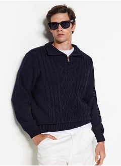 اشتري Navy Blue Regular Fit Zippered Half Turtleneck Knitwear Sweater TMNAW24KZ00047 في مصر