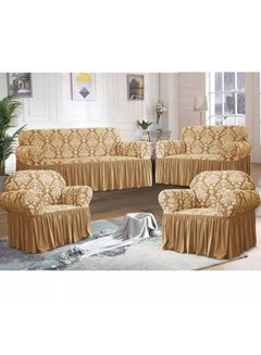 اشتري 7 Seater (3+2+1+1) Super Stretchable Anti-Wrinkle Slip Flexible Resistant Jacquard Damask Sofa Cover Set with Ruffle Skirt Dark Beige في الامارات