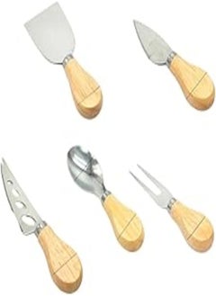 اشتري Cheese Knife Set of 5 Pieces Stainless Steel Wooden Handle Cheese Knife Set, Cheese Cutter, Pizza Cutter Fork, For Butter & Candy & Cheese Salad في مصر