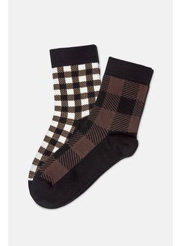 Buy Men 2 Pairs Plaid Socks, Brown and Black in UAE