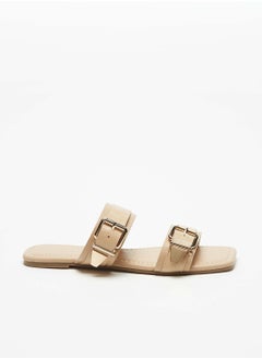 اشتري Womens Textured Slip-On Dual Strap Slide Sandals with Buckle Accent في السعودية