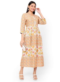 Buy MULTICOLOUR FLORAL AND SMALL STRIP PRINTED WITH STYLED BUTTONED ON FRONT ARABIC KAFTAN JALABIYA DRESS in Saudi Arabia