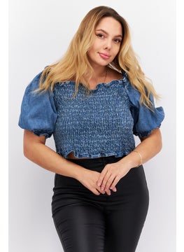 Buy Women Off Shoulder Short Sleeves Textured Blouse, Blue in UAE