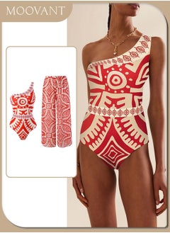 اشتري 2 Packs Women's One-piece Swimsuit with Long Loose Pants Conservative Swimwear Ladies One-shoulder Strap with Red Special Printed Beachwear & Swimwear & Beach Holiday Wear في السعودية