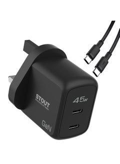 Buy Stout Gan Travel Charger With Dual PD Port 45W, Type C To Type C/ UK 3 pin plug / Over voltage protection / Unique design - Black in UAE