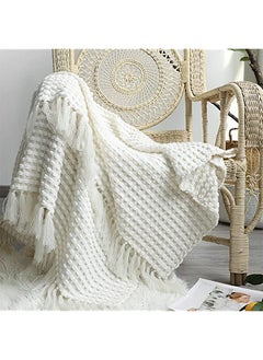 Buy Knitted Throw Blanket, Lightweight Comfortable Soft Knitted Blanket with Tassel, Shawl Sofa Blanket, Nordic Style Casual Travel for Living Room Sofa Home Decor Warm Bedding (127x170cm, white) in Saudi Arabia