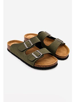 Buy Men Slip On Synthetic Leather Cork Sandals, Green Khaki in UAE