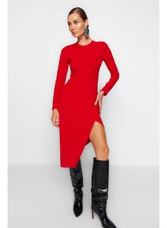 Buy Red Crewneck Knitted Midi Dress with a Slit Detail Fitted Body TWOAW24EL00168 in Egypt
