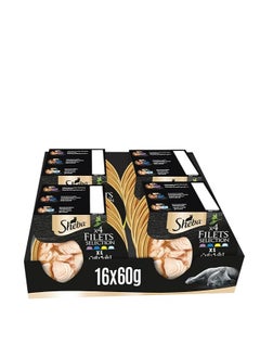 Buy Sheba Cat Food Flavor Selection Filets, Mix of 4 Domes of Natural Shredded Chicken, Chicken with Shrimp & Tuna, Chicken with Sustainable Tuna & Sustainable White Fish, Premium Wet Food, Pack of 16x60g in UAE