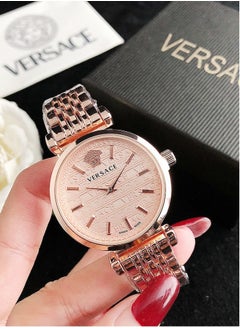 Buy Versace women's cubic zirconia classic and fashionable quartz watch, paired with rose gold stainless steel strap 35mm in UAE