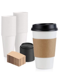 Buy 50 Pieces Disposable 12oz White Paper Coffee Cups with Black Lids and Cup Sleeves for Hot Milk and Coke (400ml) in Saudi Arabia