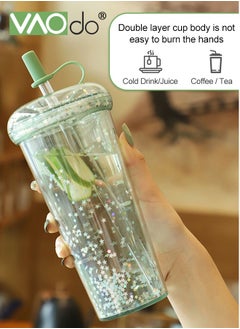 Buy Double-Layer  Water Bottle with Straw Sequins Suitable for Milk Water Coffee Juice Water Cup Green in UAE