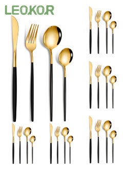 اشتري 24 PCS Flatware Set with Knives Spoons and Forks Stainless Steel Flatware Set for 6 Persons Black/Gold في السعودية