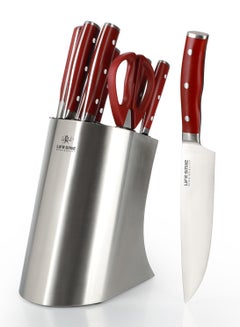 Buy 9Pcs Knife Set with Block - Knife Set with Block Superior High-Carbon Stainless Steel Blades for Precision and Accuracy - Triple Rivet Bonded Handles (Maroon and Silver) in UAE