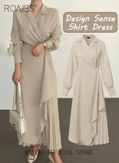 Buy Ladies Tunic Dress Solid Color Formal Elegant Asymmetrical Pleated Design Vintage Long Suit Dress  for Women Casual Ramadan Beige in Saudi Arabia