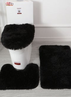 Buy Set of 3pcs Plush Bathroom Bath Mat Black Color, Anti Slip Toilet Rugs and Toilet Lid Cover in UAE