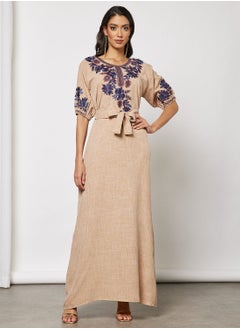 Buy Jalabiya With  Floral Embroidery In Short Garterised Sleeves With Belt in UAE