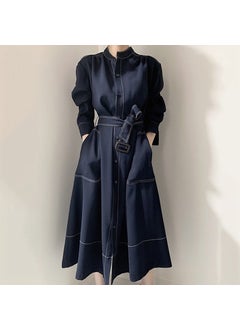 اشتري Korean Fashion Loose-Fit Dress Belted Waist Slimming Blue في السعودية