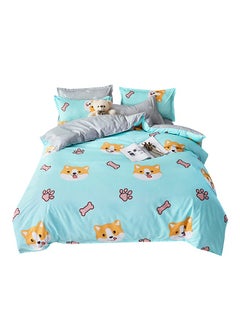 اشتري 4-Piece Firewood Dog Paradise Design Bedding Set Polyester Blue/Yellow Duvet Cover 150x200 Cm, Bed Sheet 160x220 Pillow 48x75cm في السعودية