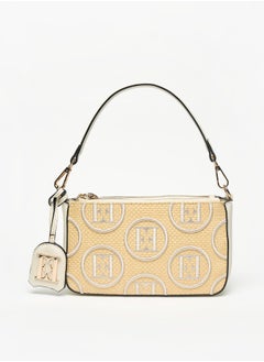 Buy Women Monogram Detail Crossbody Bag with Detachable Strap and Zip Closure in UAE