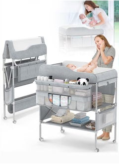 Buy Baby Diaper Changing Table, Foldable Infant Diaper Station with Wheels, Nursery Organizer for Newborns, Babies Dresser Changing Table with Storage Rack, Strengthen Structure and 3 Adjustable Height in UAE