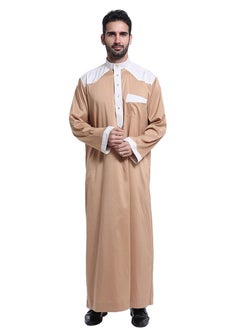 Buy Men's Stand Collar Long Sleeve Casual Kandora Islamic Arabic Kaftan Thobe Camel/White in Saudi Arabia