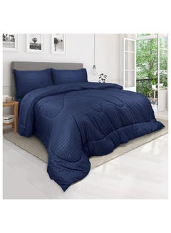 اشتري Down Alternative Comforter  Set -Ultra Soft Brushed Stripe Microfiber Fabric, 200GSM Soft Fibersheet Filling, Size :Single 160 x 200cm , Color: Navy Blue في الامارات