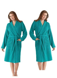 Buy 2 Pieces Peacock Green Colour Terry COTTON ROBE UNISEX  Bathrobe XL Size in UAE