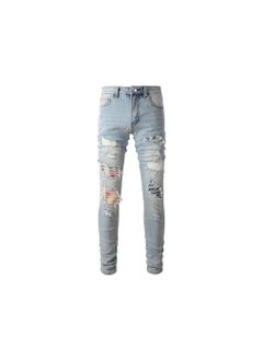 اشتري Perforated jeans men's patch slim fitting, elastic Eruffled And Handsome Tight Fitting Small Leg Pants  Light Colored Jeans في الامارات