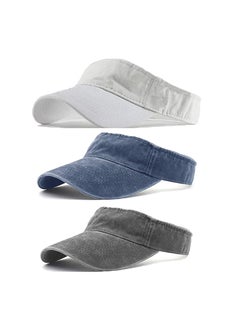 اشتري 3 Pack Sun Visor Hats Cooling Lightweight Sports Adjustable Washed Cowboy Hat Twill Cotton Run Visors(White, Navy, Grey) في الامارات