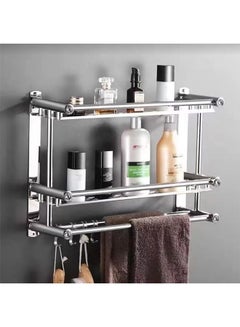 اشتري 2-Tier Bathroom Shelf with Towel Bar Double Layer Bathroom Hanging Rack Wall-Mounted 40CM Storage Hanger Stand في السعودية