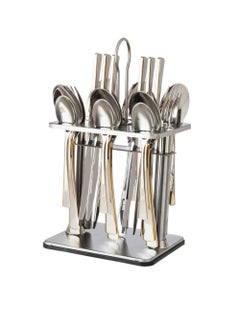 اشتري Silver and gold stainless steel cutlery set with stand, 24 pieces في السعودية