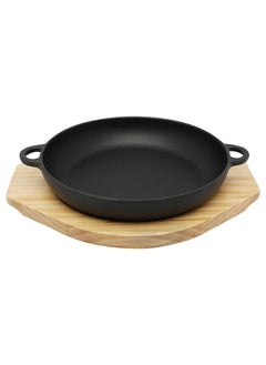 Buy 24cm Round Cast Iron Skillet with Side Handles and Wooden Base | Oven Safe Cast Iron Roasting Pan in Saudi Arabia