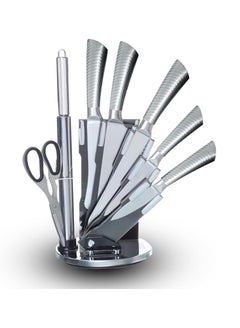 اشتري HX KITCHEN 7 pcs Chef Knife Set, Stainless Steel Kitchen Knives Set, Super Sharp Cutlery Set with Stand, Scissors & Sharpener (Silver) في مصر