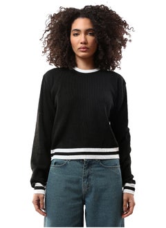 اشتري Lined Trim Trendy Black Ribbed Short Pullover في مصر