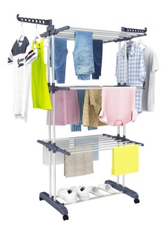 اشتري Clothes Drying Rack Oversized 4-Tier(67.7" High) Foldable Stainless Steel Drying Rack Clothing Movable Drying Rack with 4 castors 24 Drying Poles 14 Hooks for Bed Linen Clothing في السعودية